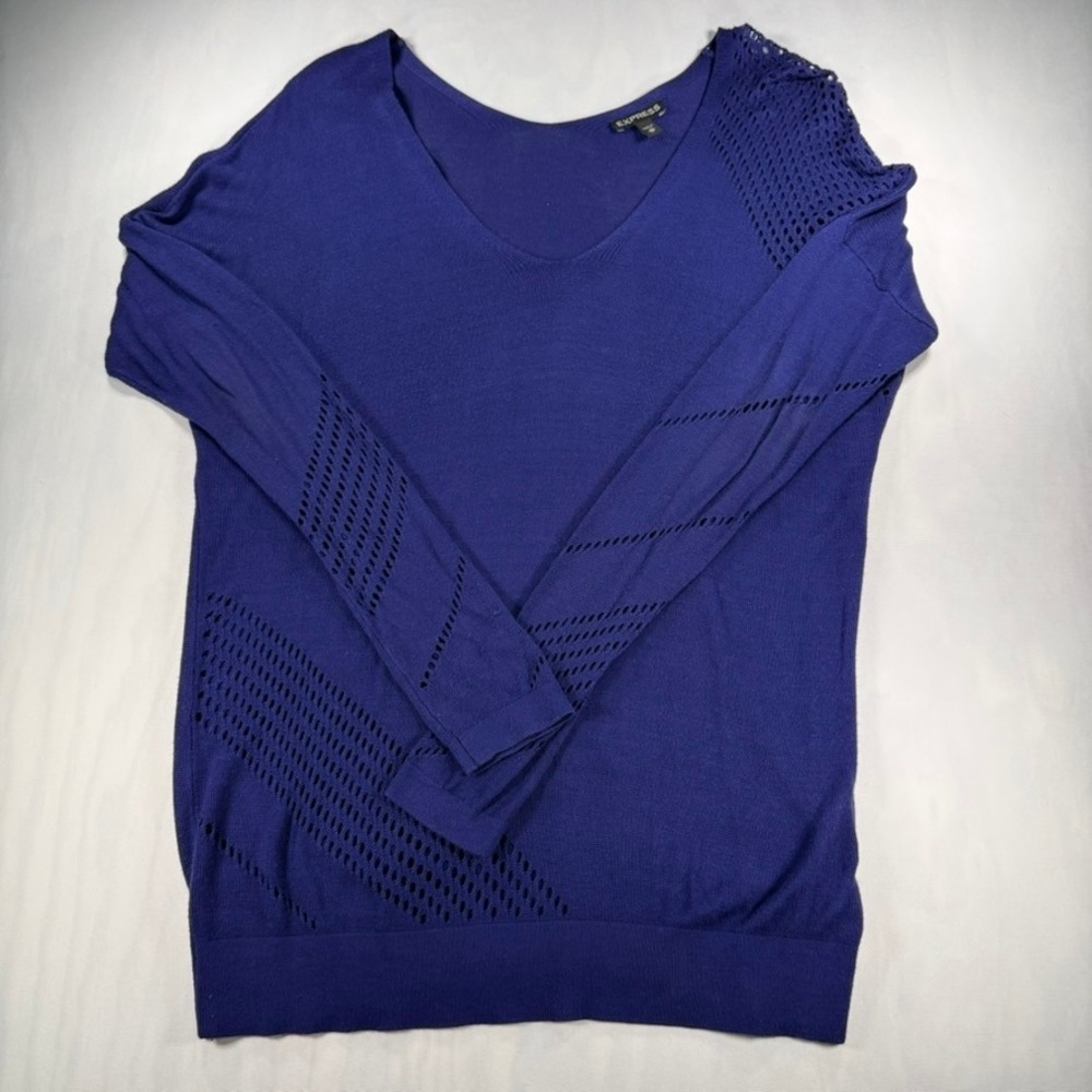 Express Sweater Women XS Blue Pointelle Open Knit V-Neck Slouchy